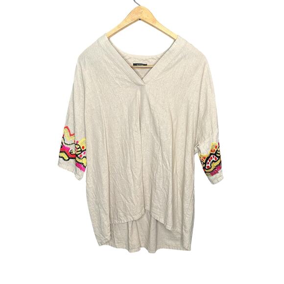 Natori Lagenlook Linen Blend Embroidered Sleeve Top M - Picture 1 of 6